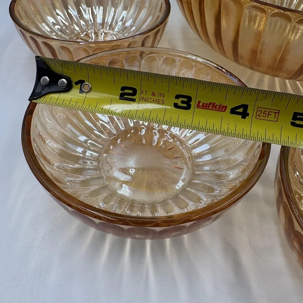 Gold Carnival Glass Salad Serving Bowl Set Ribbed‎ Art Deco 6 Piece Unmarked